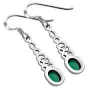 Green Agate Celtic Silver Long Drop Dangle Hook Earrings - e311